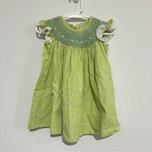 Handmade Smocked Baby Dress Size 18M Green Floral Vintage-Inspired Lace Detail